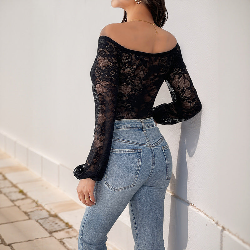Damen Off-Shoulder Spitzen-Corsage-Body mit eingearbeiteten Stäbchen und transparenten Ärmeln Echoarchiv