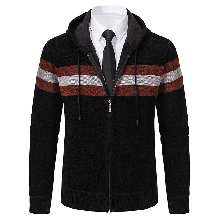 Herren Gestrickte Kapuzen-Strickjacke mit Kontraststreifen und Reißverschluss Echo Archiv