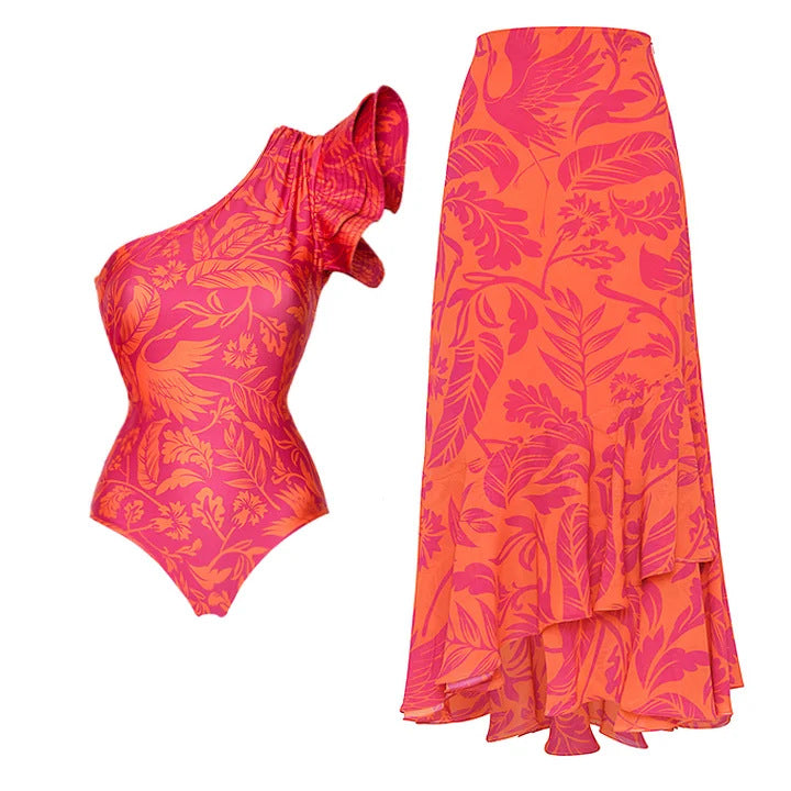 Damen Bikiniset mit voluminösem Rüschendesign und passendem Maxirock Echo Archiv