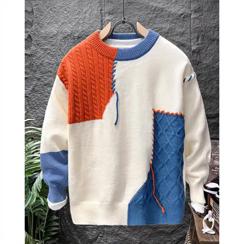 Unisex Patchwork-Oversize-Strickpullover mit Zopf- und Rautenmuster, dekorativen Kontrastnähten und Rundhalsausschnitt Echoarchiv