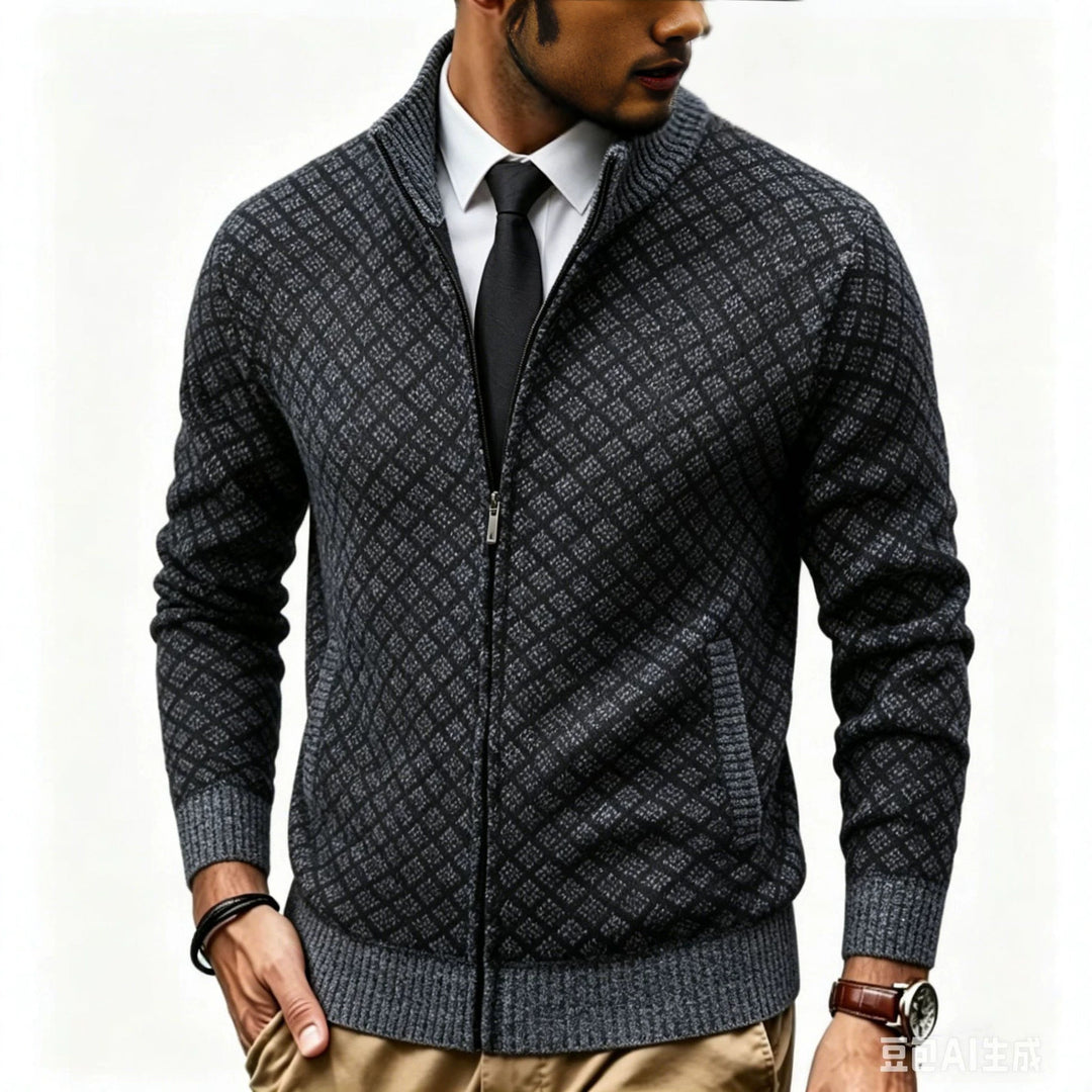 Herren Strukturierte Strickjacke mit Stehkragen und Diamant-Jacquard Echo Archiv