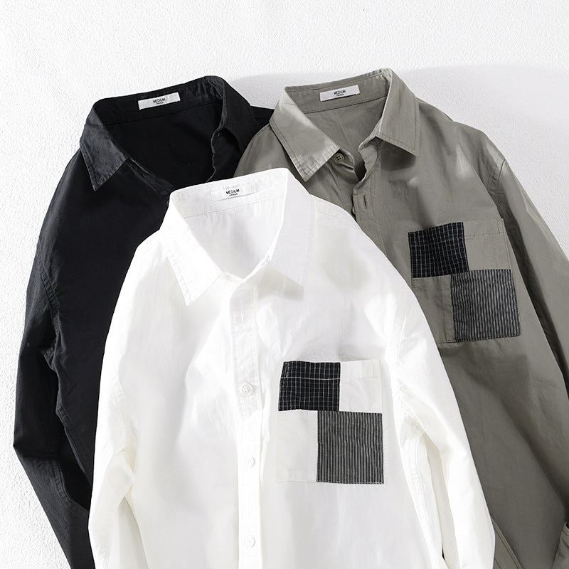 Herren Leichtes Baumwoll-Oversizehemd mit geometrischer Brustpatch-Tasche Echoarchiv