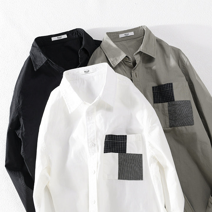 Herren Leichtes Baumwoll-Oversizehemd mit geometrischer Brustpatch-Tasche Echoarchiv