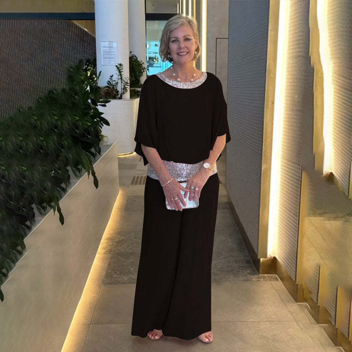Damen Elegantes Zweiteiliges Abendensemble mit Chiffon-Cape, Paillettenbesatz und Palazzo-Hose Echoarchiv