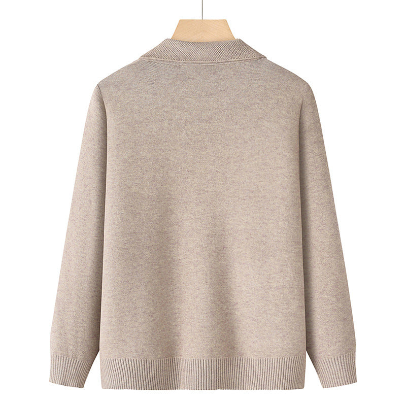 Damen bestickte Strickjacke mit Hemdkragen, Eingrifftaschen und floraler Stickerei – Veloura