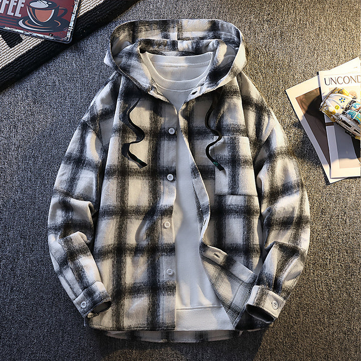 Herren Karierte Flanelljacke mit Kapuze und Knopfverschluss Echoarchiv