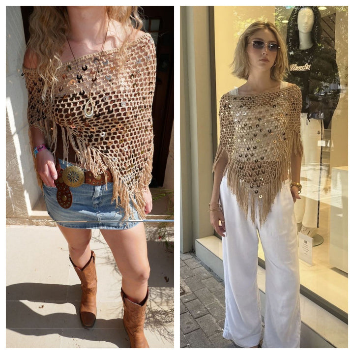 Damen dekorativer Spitzen-Poncho mit eleganten Pailletten und Fransen Echo Archiv