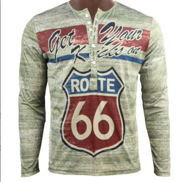 Herren Langarm-Henley-Shirt mit kreativem Vintage-route-66 Druck und hochwertigem Baumwollmix Echoarchiv