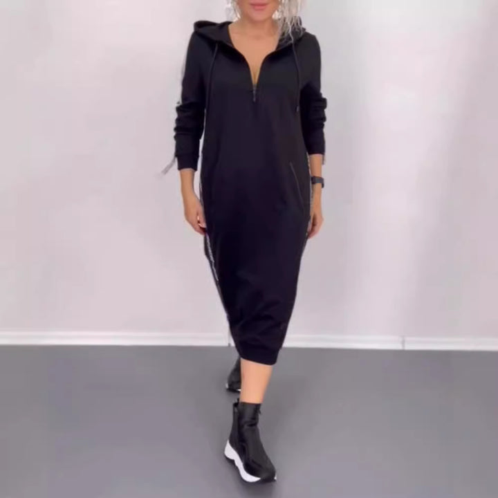 Damen nan knöchellanges Kapuzen-Sweatkleid mit Halbzip, Kängurutaschen und seitlicher Zierpaspel Echo Archiv