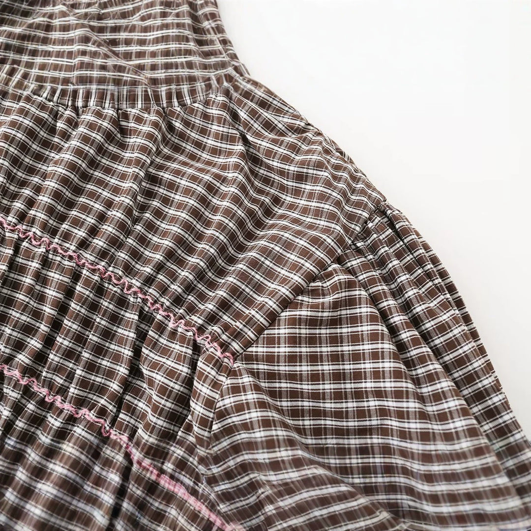 Damen Kariertes Smock-Tunika-Top mit Volantbund und Puffärmeln Echo Archiv