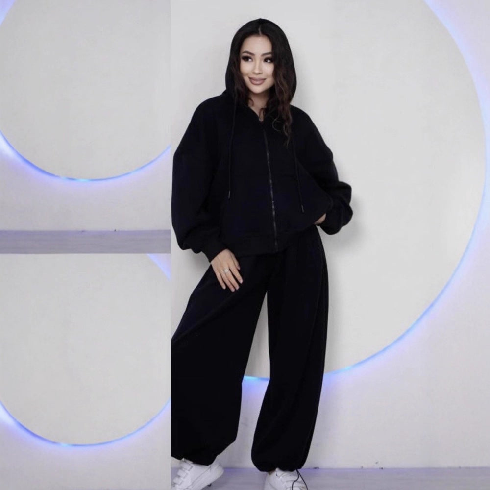 Damen übergroße Kapuzenjacke mit Reißverschluss und weite Jogginghose Lounge Set – Auréline
