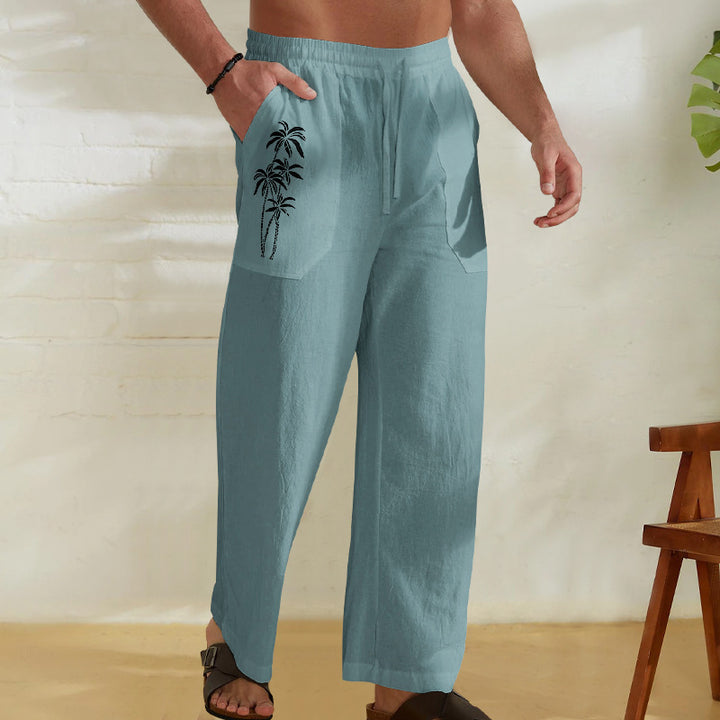 Herren Bequeme Leinenhose mit praktischem Kordelzug und Palmendruck Echoarchiv