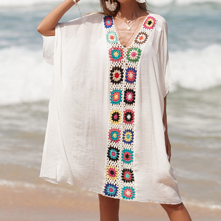 Damen Häkel-Strandtunika im lässigen Oversize-Stil mit bunten Applikationen Echo Archiv