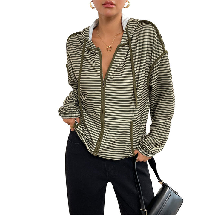 Damen Gestreifte Kapuzenjacke mit Reißverschluss, Tunnelzug und Elastischen Bündchen – Célinea