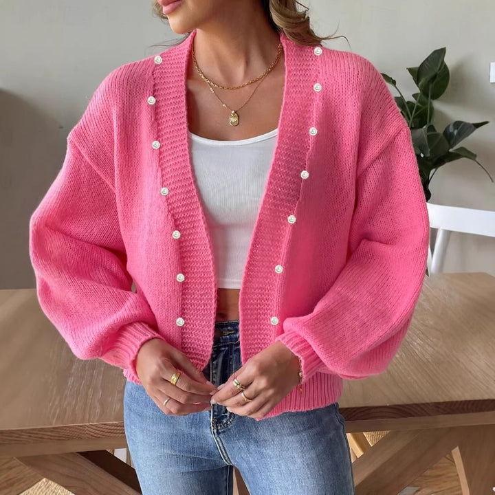 Damen nan grobstrick Cardigan mit Perlenknöpfen und Balloonärmeln Echo Archiv
