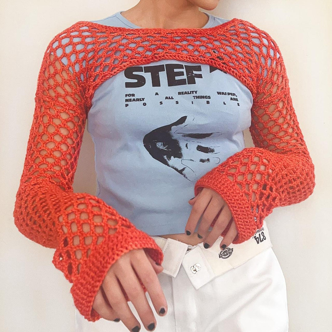 Damen gehäkeltes Langarm-Top mit Off-Shoulder-Design Echo Archiv