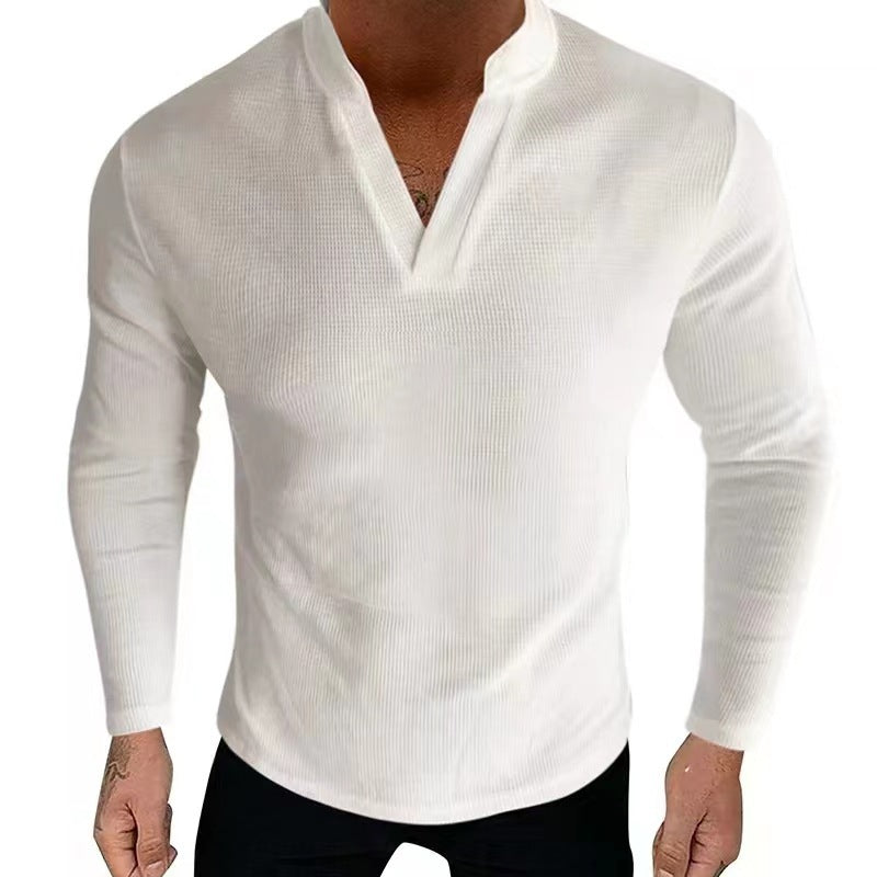 Herren Langarm-Henley-Shirt aus strukturiertem Baumwollstoff mit modernem V-Ausschnitt Echoarchiv