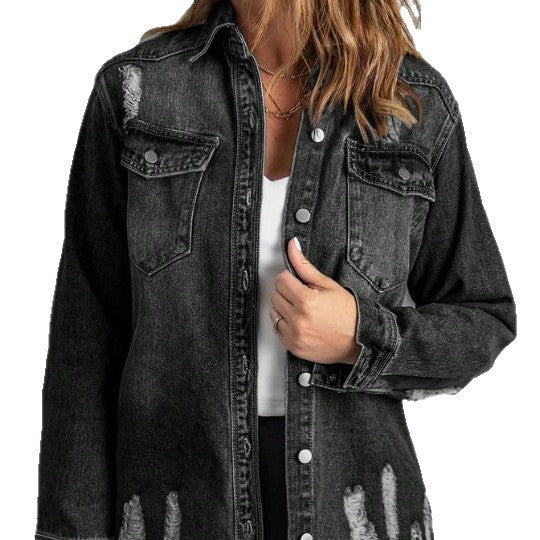 Damen Oversize-Denim-Hemdjacke mit Distressed‑Details und fransigem Saum Echo Archiv
