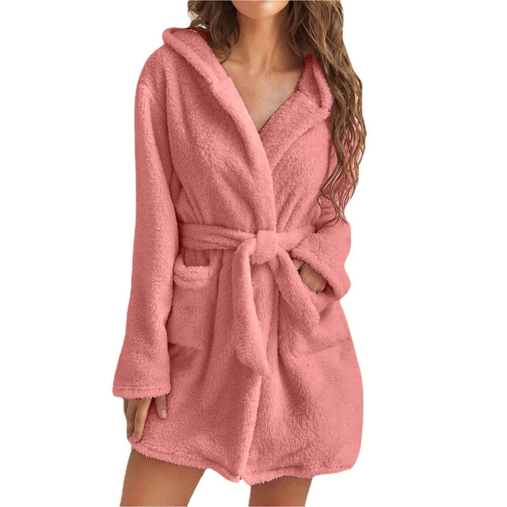Damen Kuscheliger Fleece-Bademantel mit Kapuze und Gürtel Echoarchiv