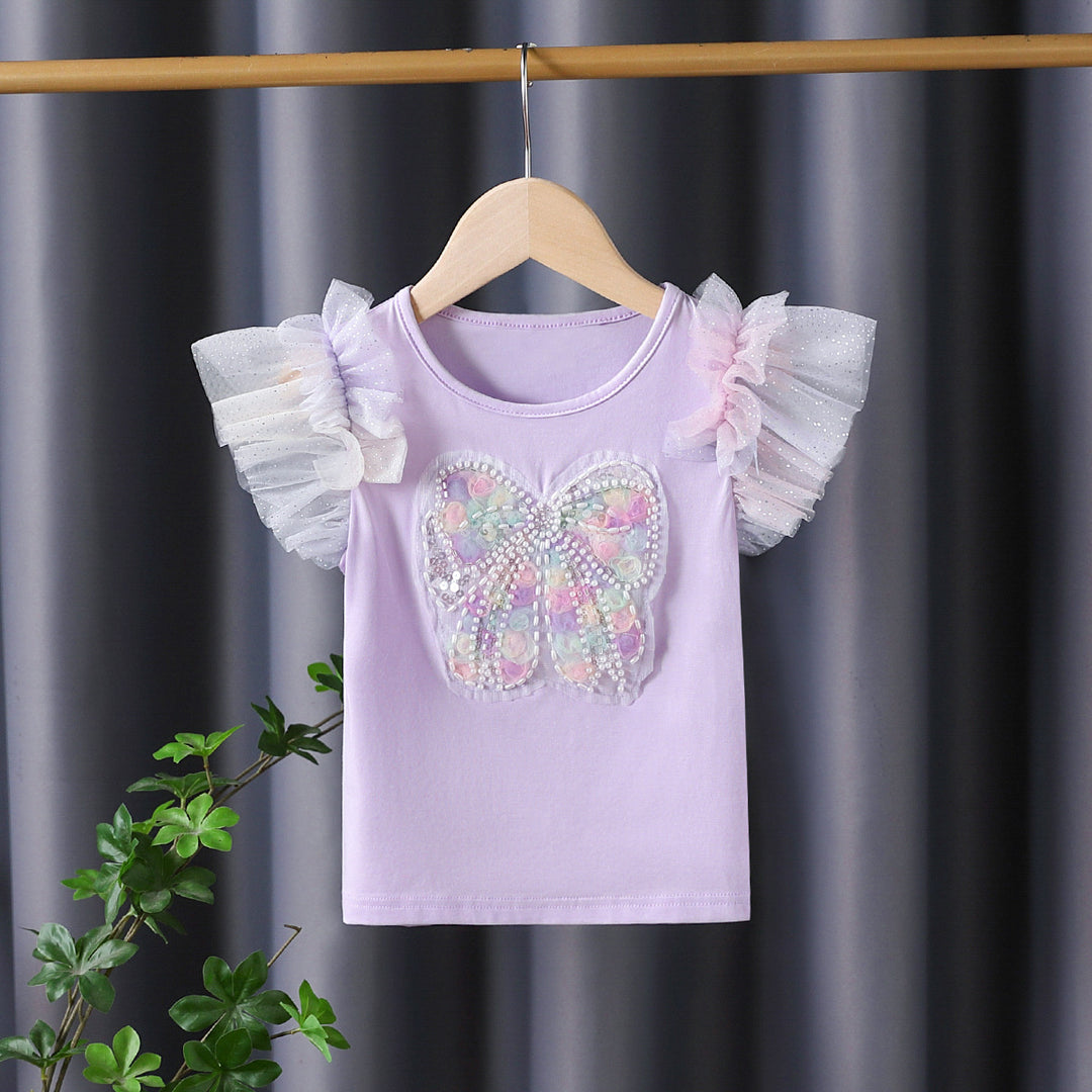 Mädchen T-Shirt mit funkelndem Schmetterlingsmotiv und Rüschendetails Echo Archiv