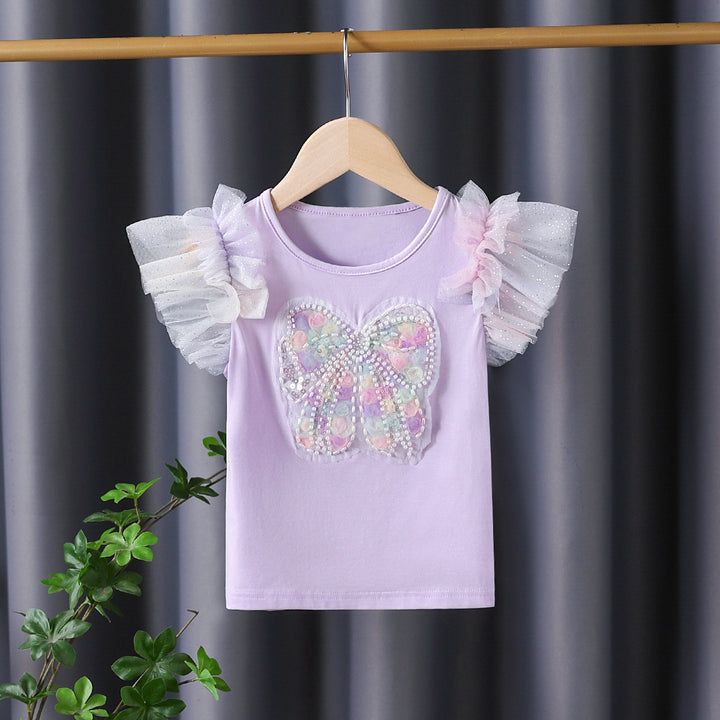 Mädchen T-Shirt mit funkelndem Schmetterlingsmotiv und Rüschendetails Echo Archiv