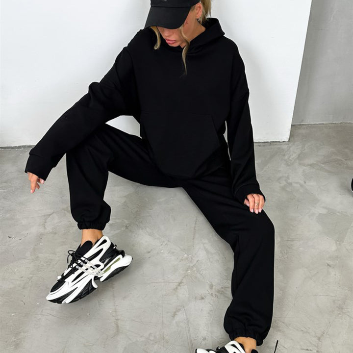 Damen nan Cropped Kapuzenpullover und taillierte Bündchen-Jogginghose Set aus schwerem French Terry Echo Archiv