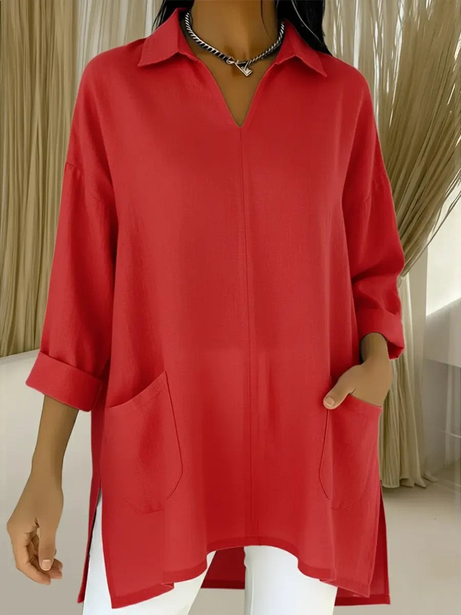 Damen Oversize-Tunika mit Hemdkragen, V-Ausschnitt und aufgesetzten Taschen Echo Archiv
