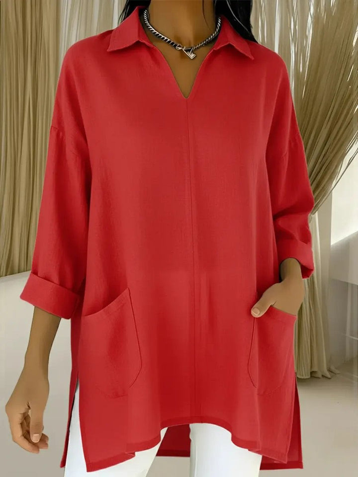 Damen Oversize-Tunika mit Hemdkragen, V-Ausschnitt und aufgesetzten Taschen Echo Archiv