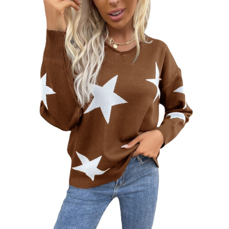 Damen Oversize V‑Ausschnitt Strickpullover mit großem Sternen‑Jacquard Echoarchiv