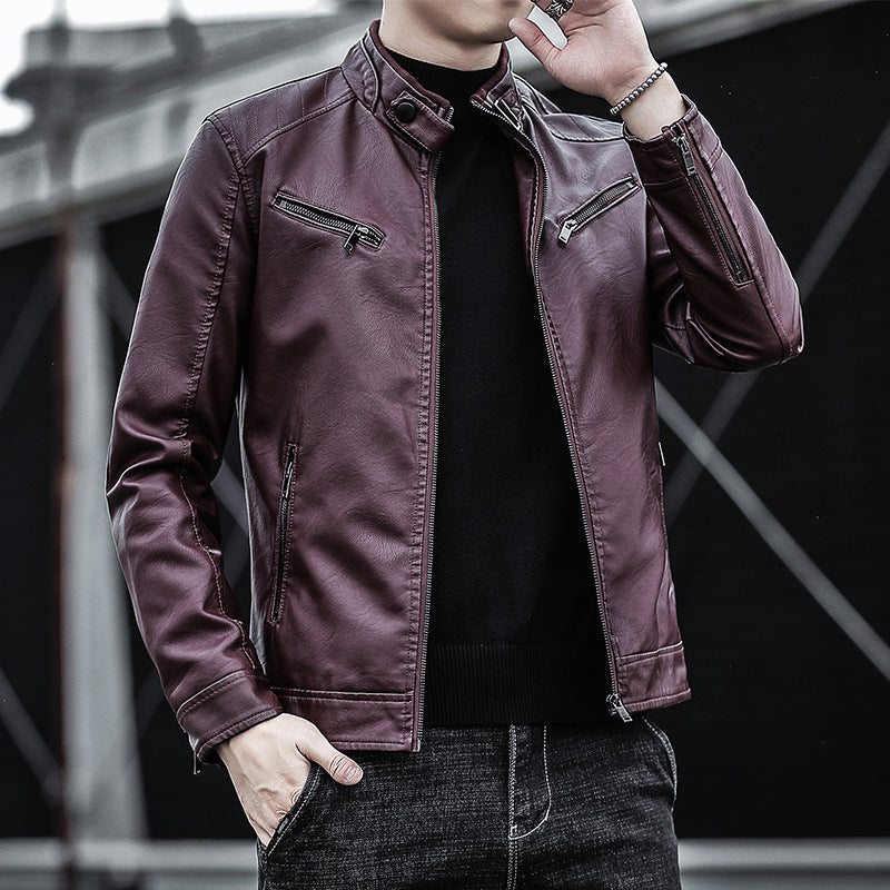 Herren Kunstleder-Motojacke im Aviator‑Stil mit Stehkragen und funktionalen Reißverschlüssen Echoarchiv