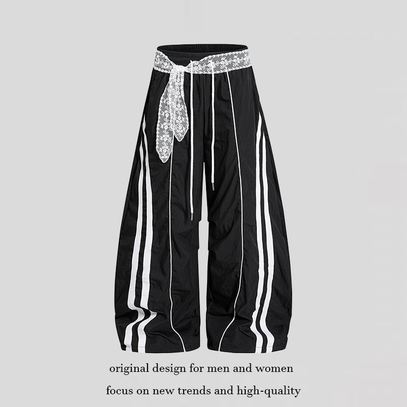 Damen Weite Palazzo-Loungehose mit elastischem Komfortbund, Kontraststreifen und Spitzenschnur Echoarchiv