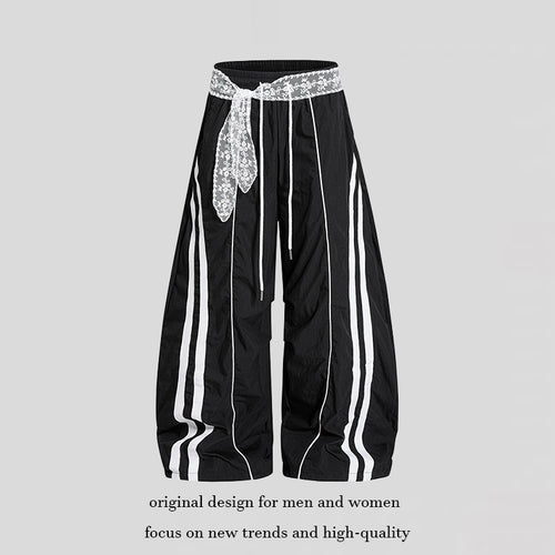 Damen Weite Palazzo-Loungehose mit elastischem Komfortbund, Kontraststreifen und Spitzenschnur Echoarchiv
