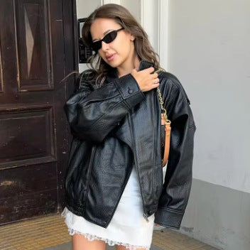 Unisex nan weite Bikerstil Kunstlederjacke mit Stehkragen und elastischem Saum Echo Archiv