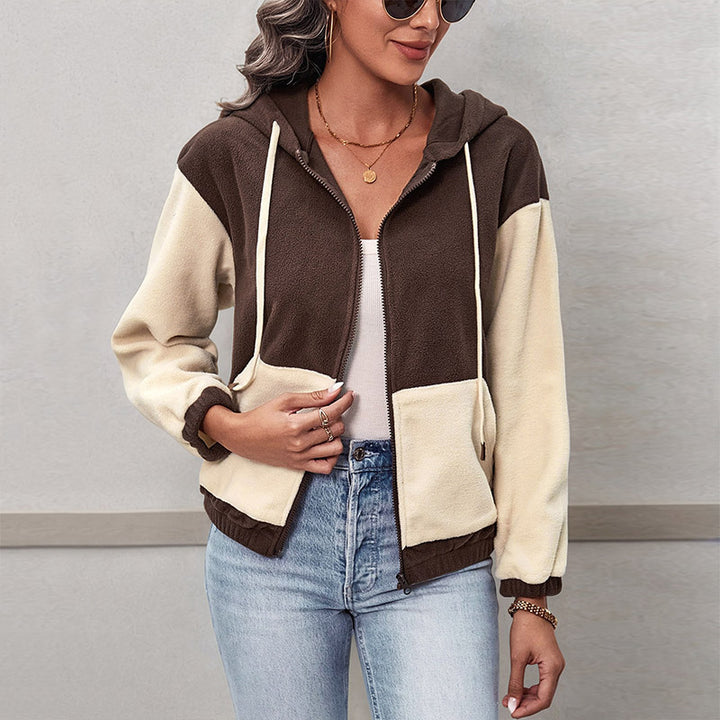 Damen Colorblock-Fleecejacke mit Kapuze, Reißverschluss und Kängurutaschen Echoarchiv