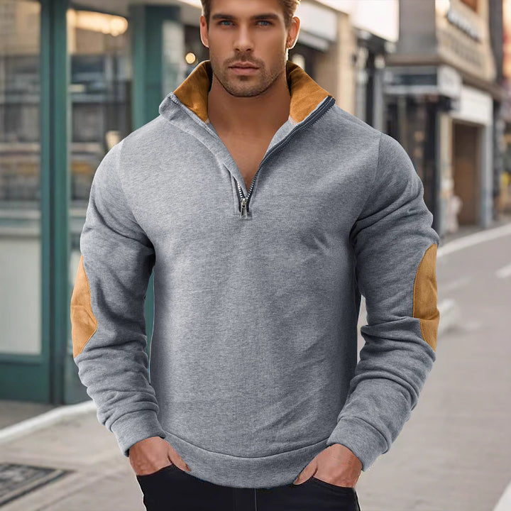 Herren nan Kurzzip-Stehkragenpullover mit Kontrastkragen und Wildleder-Ellenbogenpatches Echo Archiv