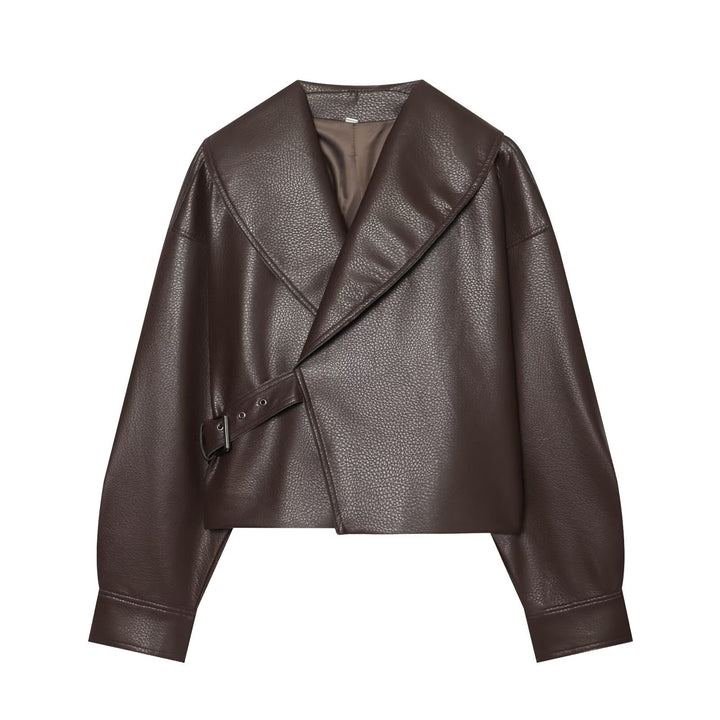 Damen Cropped Lederoptik-Blouson mit übergroßem Schalkragen und asymmetrischem Taillengürtel Echo Archiv