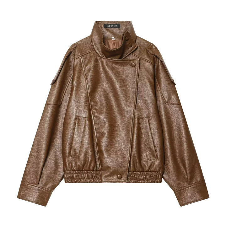 Damen Kurz geschnittene Kunstleder-Fliegerjacke mit hohem Stehkragen und Schulterriegeln Echoarchiv