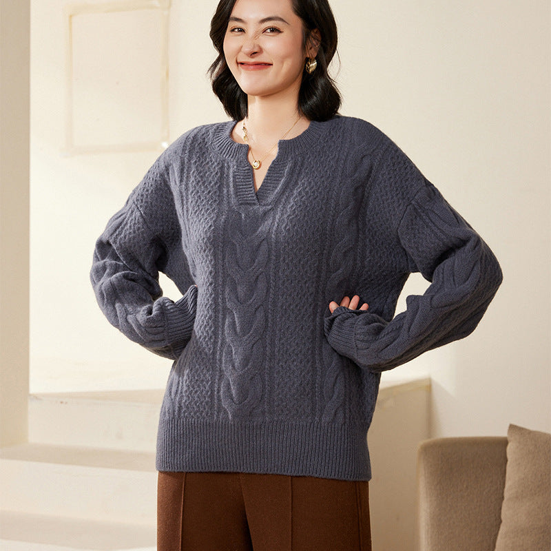 Damen Oversize Zopfstrick-Pullover mit V‑Einsatz und kaschmirähnlicher Weichheit Echoarchiv