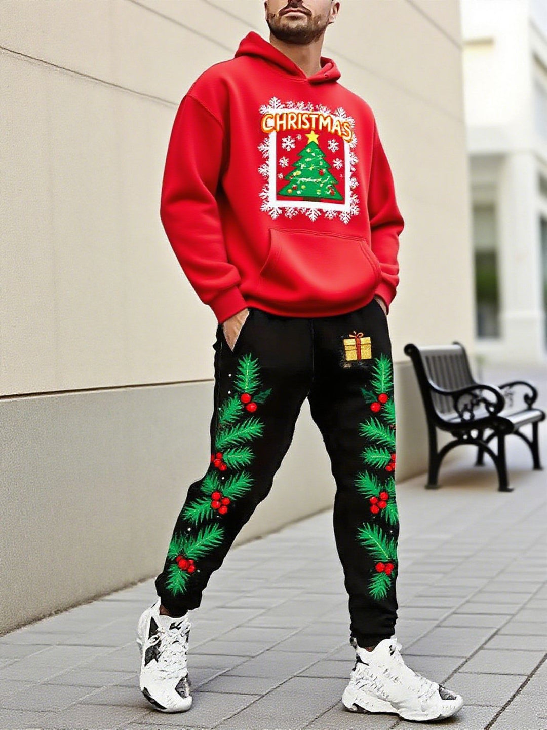 Herren Weihnachtsmotiviere Kapuzenpullover und Jogginghose Set Echoarchiv