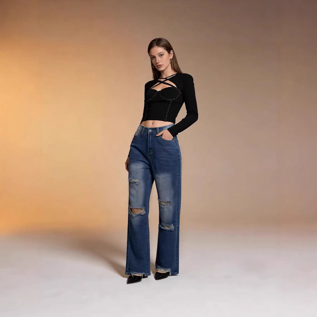 Damen nan hochgeschnittene Relaxed-Jeans mit weitem Bein, Knie-Rips und rohem Saum Echo Archiv