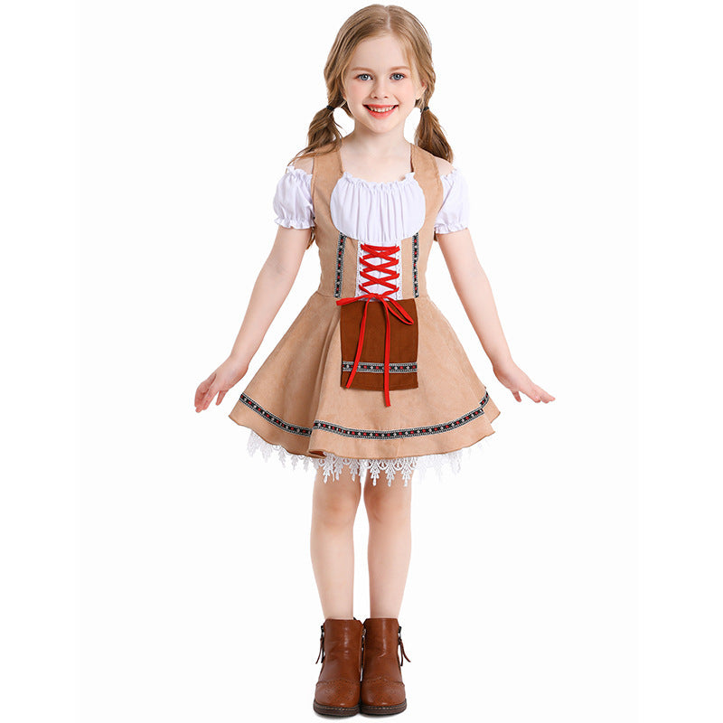 Damen nan traditionelles Kinderdirndl mit Schnürmieder, Spitzenunterrock und dekorativer Schürze Echo Archiv