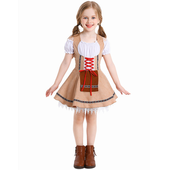 Damen nan traditionelles Kinderdirndl mit Schnürmieder, Spitzenunterrock und dekorativer Schürze Echo Archiv
