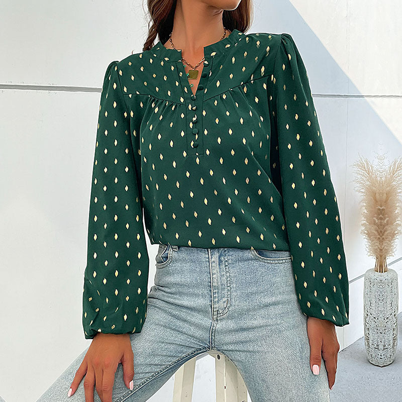 Damen Leichte Viskose-Bluse mit Stehkragen, Knopfleiste und feinem Tropfenprint Echoarchiv