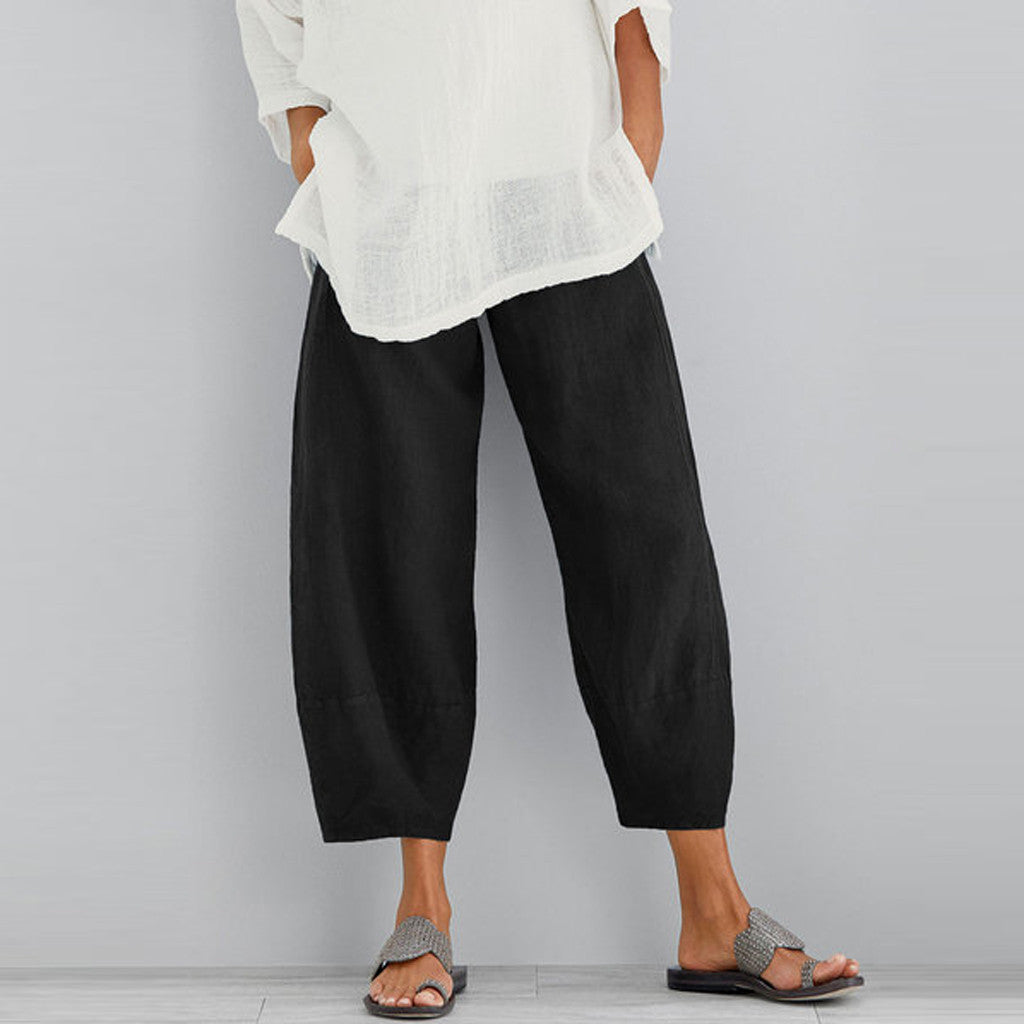 Damen nan weit geschnittene Leinenhose mit Tulpen-Saum und elastischem Bund Echo Archiv