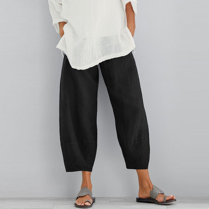 Damen nan weit geschnittene Leinenhose mit Tulpen-Saum und elastischem Bund Echo Archiv