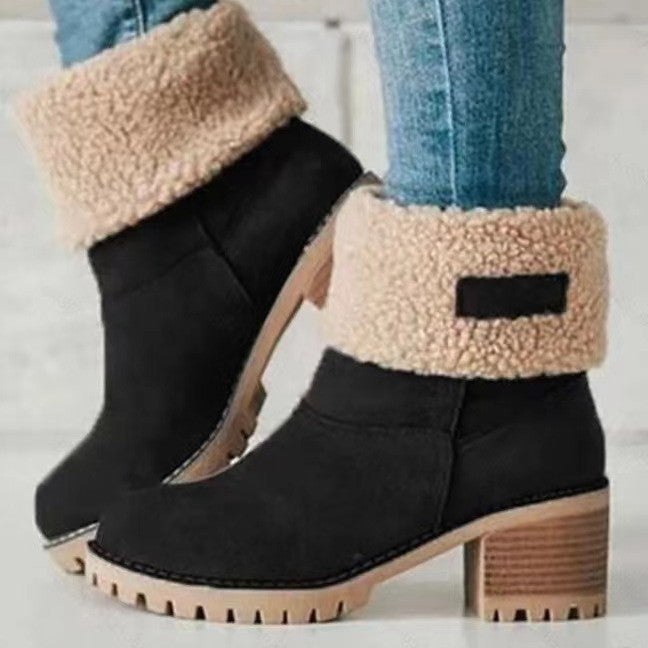 Damen Gefütterte Ankle-Boots mit Lammfell-Umschlag und profiliertem Blockabsatz Echoarchiv