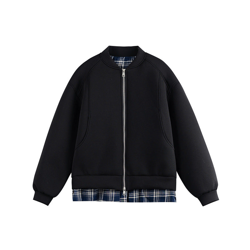 Damen Zwei‑in‑Eins Bomber‑Sweatjacke mit Karo‑Layer‑Einsatz und Stehkragen Echoarchiv