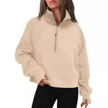 Damen nan weit geschnittenes Kurzpullover mit Stehkragen, halbem Reißverschluss und Kängurutasche Echo Archiv
