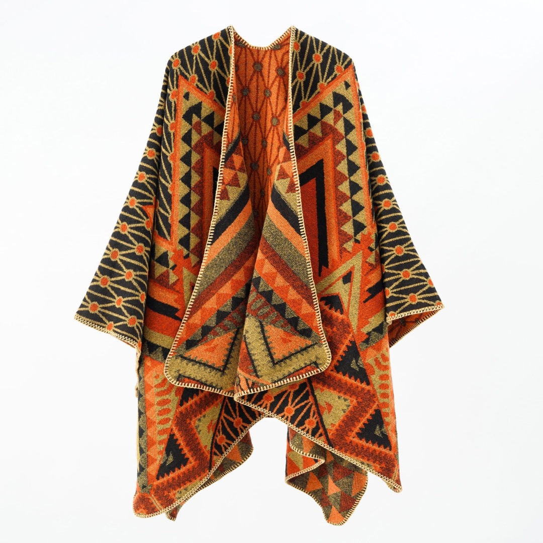 Damen Strukturiertes Jacquard-Poncho-Überwurf mit grafischem Ethno-Muster und offenem Kimono-Fall – Célinea