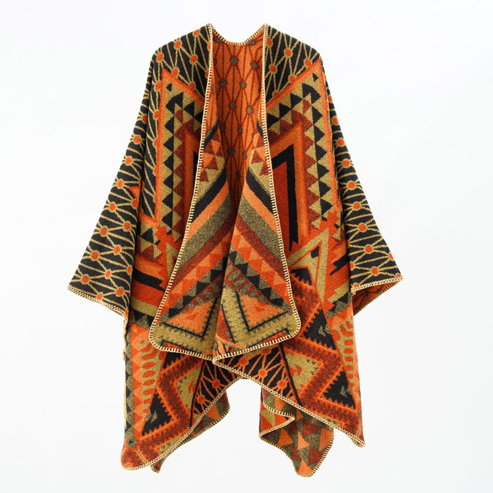 Damen Strukturiertes Jacquard-Poncho-Überwurf mit grafischem Ethno-Muster und offenem Kimono-Fall – Célinea